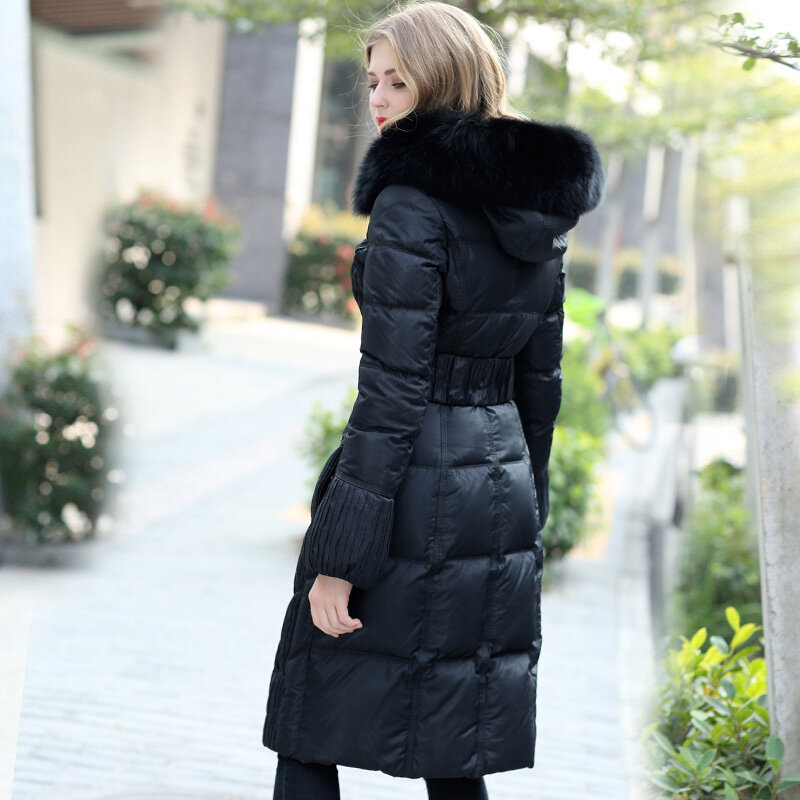 Jaqueta longa de inverno para mulheres, parka com capuz quente gola de pele de raposa real, jaqueta coreana 2020