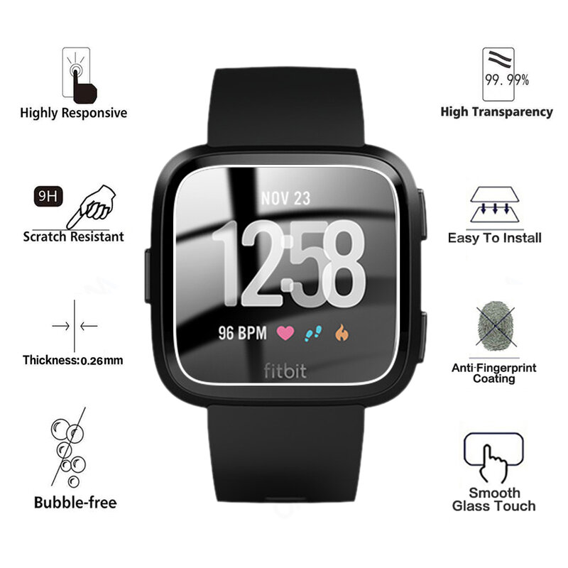 Fitbit Versa & Versa Lite 용 9H 프리미엄 강화 유리 Smartwatch Screen Protector 필름 액세서리 (Versa 2 제외)