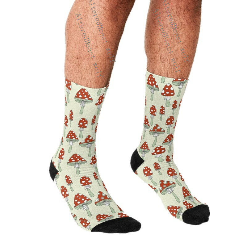 Meias engraçadas masculinas cor-de-rosa cogumelos impresso meias harajuku homem feliz hip hop novidade bonito meninos tripulação casual louco meias para homem