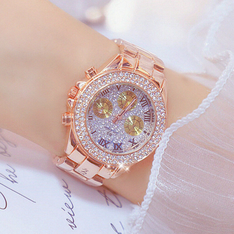 럭셔리 브랜드 다이아몬드 크리스탈 여성 시계, 여성 쿼츠 손목 시계, 스테인레스 스틸 팔찌 시계, 여성 시계