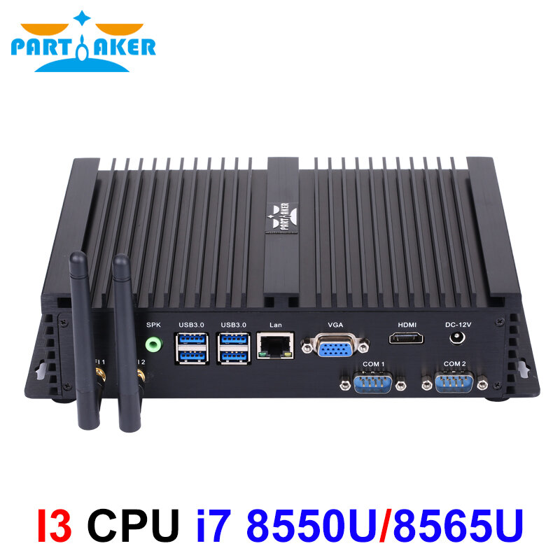 Partaker Industri Tanpa Kipas I5 I7 Minipc Core I5 8250U I7 8565U 1 * Lan 2 * COM Mini PC Windows 10 Linux Komputer Mini Desktop 7 * USB