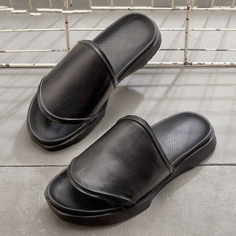 Sandálias masculinas casuais de couro, chinelos plataforma de alta qualidade de couro genuíno, sandálias pretas antiderrapantes para o verão, sandálias de praia, 100%