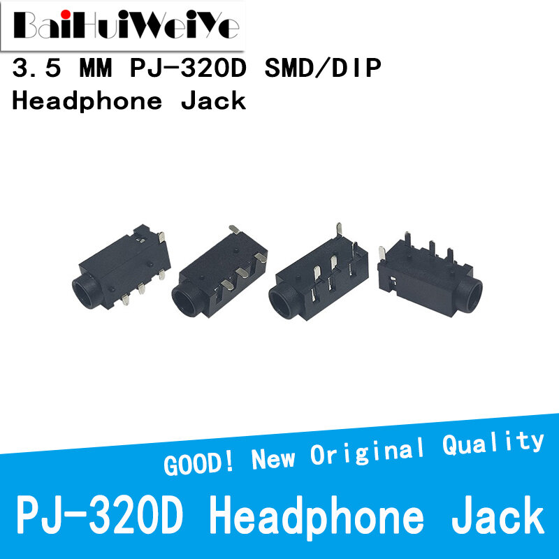 헤드폰 잭 오디오 잭 PJ-320D 4 라인 핀 암 커넥터, DIP SMD 스테레오 헤드폰 PJ-320A PJ320D PJ320, 3.5mm, 20 개/몫