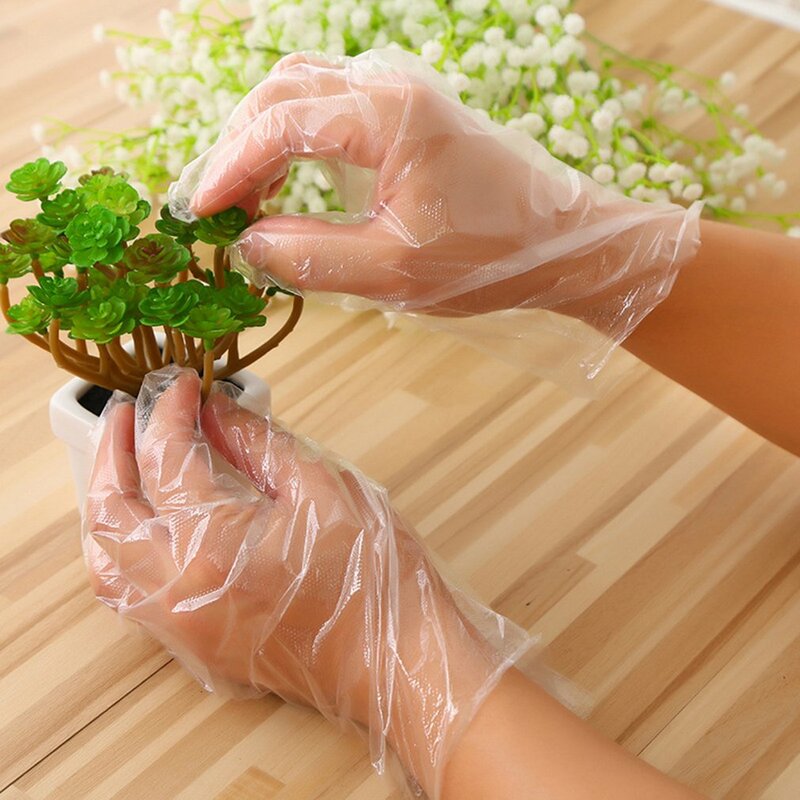 100 Buah/Set Sarung Tangan Makanan Plastik Sekali Pakai Sarung Tangan Sekali Pakai untuk Restoran Dapur Barbekyu PE Sarung Tangan Makanan Ramah Lingkungan