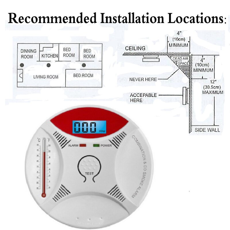2 em 1 detector de fumaça e co sensor monóxido carbono display led alimentado por bateria alarme incêndio para a segurança em casa