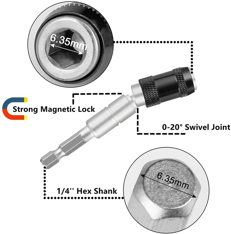 Ujung Penyangga Bit Bor Pivot Magnetik 1/4 "-20 ° Perpanjangan Bor Magnetik Dapat Ditekuk Kunci Putar Cepat Berubah (Perak)