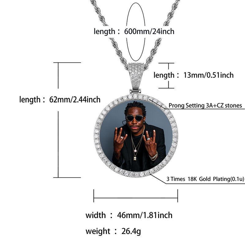 GUCY Liontin & Kalung Belakang Solid Bundar Foto Dibuat Sesuai Pesanan Mode dengan Rantai Tenis Zirkon Kubik Perhiasan Hip Hop Pria