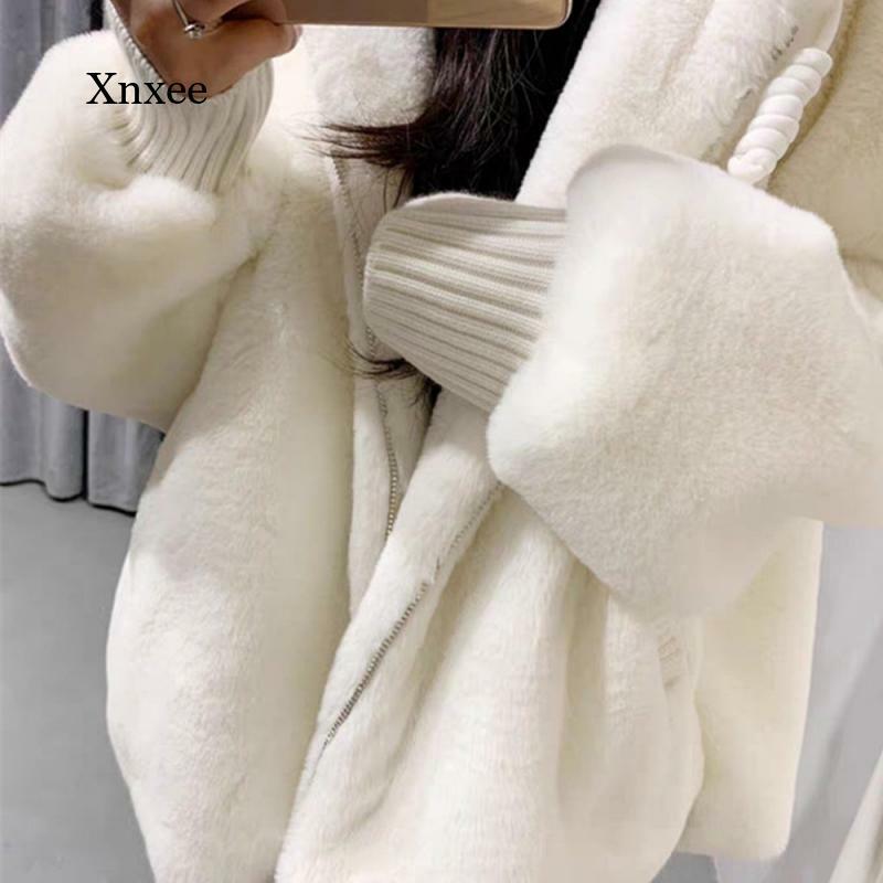 후드 플러시 재킷 가을 겨울 느슨한 대형 모조 토끼 모피 코트 청소년 학생 흰색 지퍼 플러시 재킷 카디건