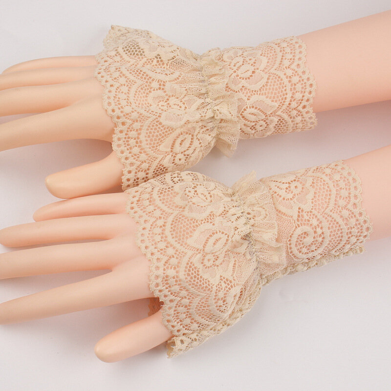 2Pcs/Pair Women Girls Fake Flare Sleeves Floral Lace Pleated Ruched False Cuffs Sweater Wrist Cutout Arm Cover car Cover Gloves