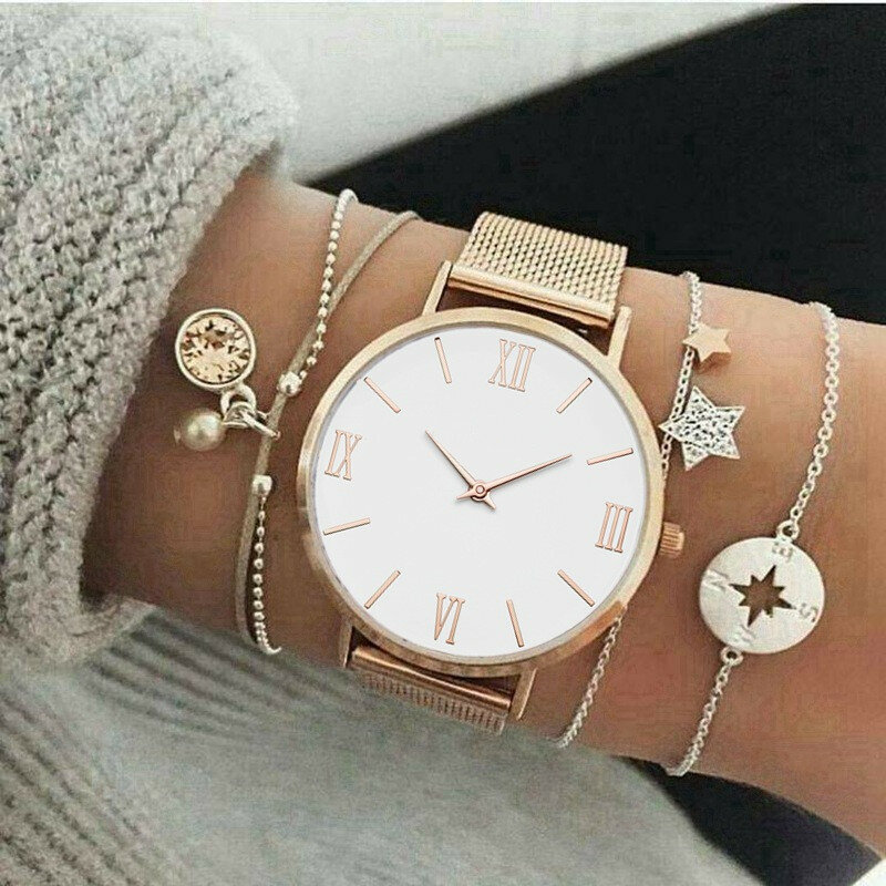 Montre-bracelet à quartz en acier inoxydable pour femme, montres de luxe, cadran en or rose, montre habillée, bracelet en maille, horloge féminine, marque supérieure, chaud