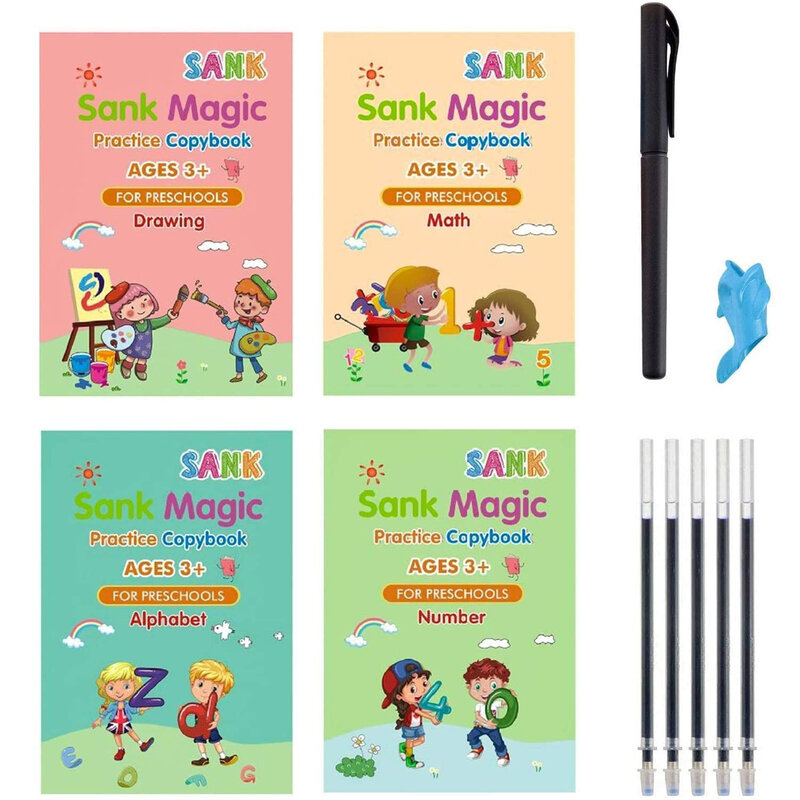 Cuaderno de práctica mágica hundida para niños, libro de trazado para escritura a mano, reutilizable, inglés, 4 unidades