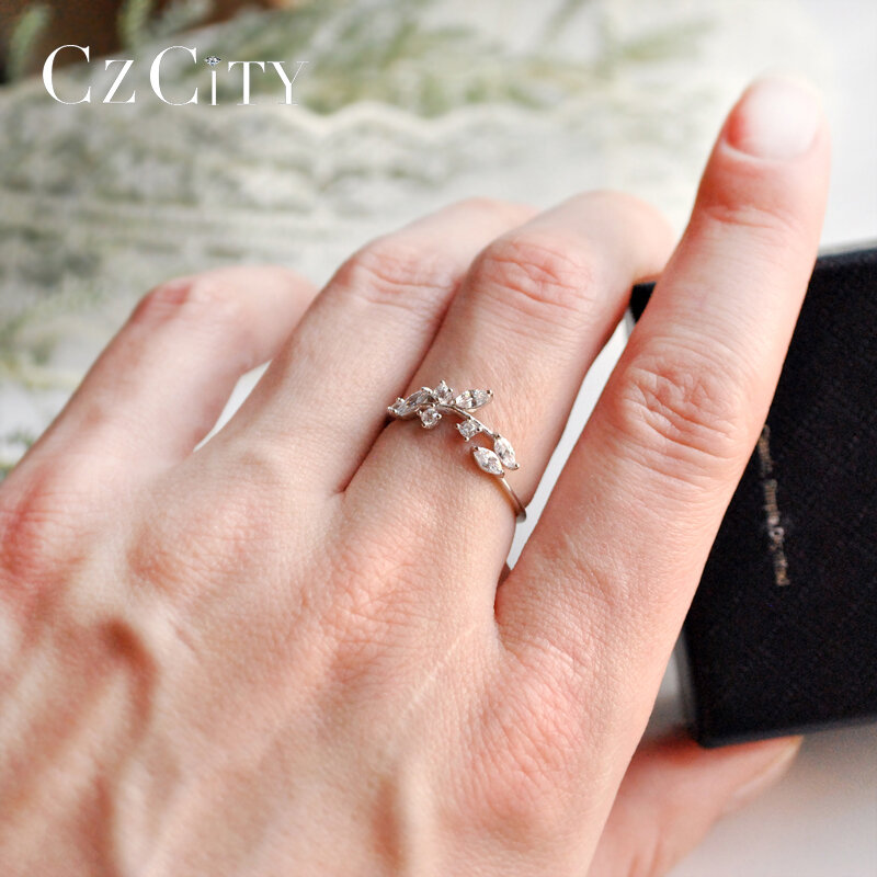 CZCITY-anillos de plata de ley 925 con diseño de hoja de olivo para mujer, sortijas ajustables de circonita fina, a la moda, para boda y fiesta