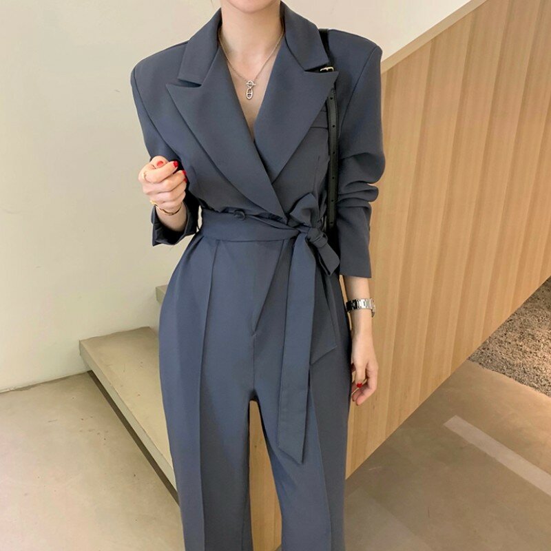 Elegant Notched Collar Double Breasted Playsuits Long Pants Chic Sashes Office OL High Waist Slim Retro Jumpsuit Women