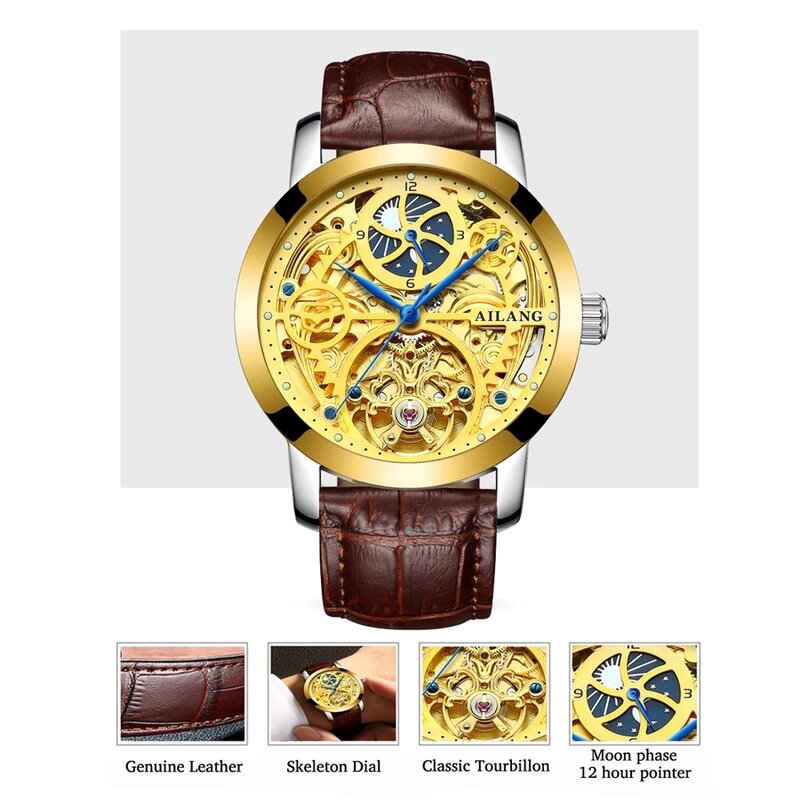 AILANG 2021 New Men's Watch Business Casual 50M Life Waterproof Hollow Fully Automatic Mechanical Leather Strap Watches 6812A