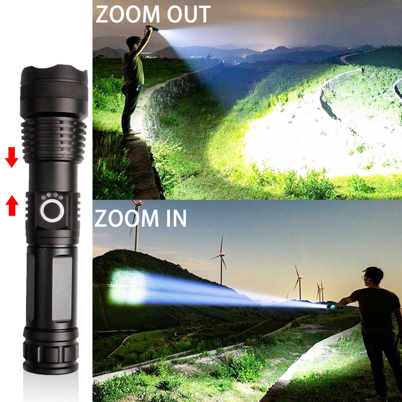 XGardens-Lampe de poche étanche aste USB, torche LED Zoom, lanterne pour camping en plein air, batterie 18650 ou 26650, 50.2, la plus injuste