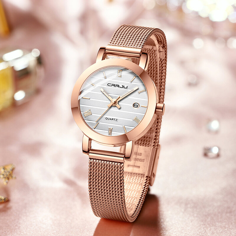 Часы CRRJU женские кварцевые с японским механизмом, брендовые роскошные стильные наручные, с датой, розовое золото, подарок, 2021