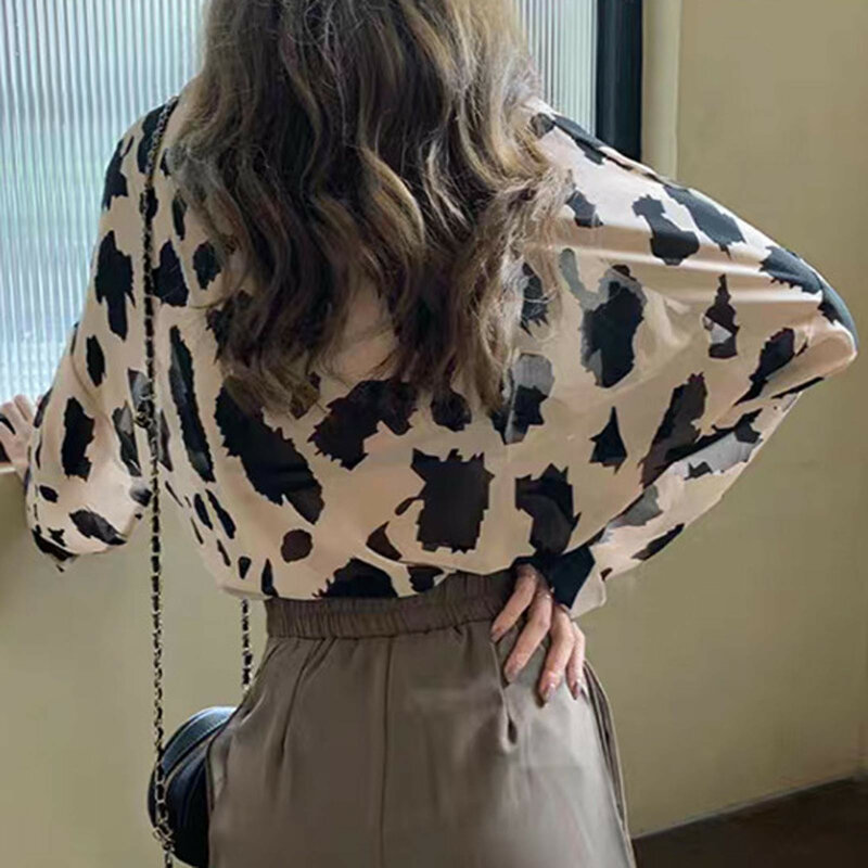 레오파드 프린트 패션 버튼 셔츠, 턴다운 칼라 긴 소매 섹시한 얇은 스타일 통기성 여성 블라우스 3