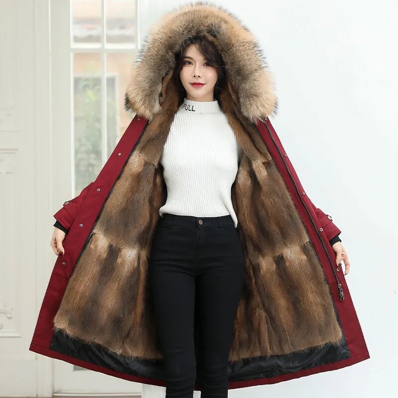 Parka Winter 2021 New One-Piece Detachable Liner Female Tide Green Root Carved Fox Fur Imitation Fur Coat Hooded Women Black