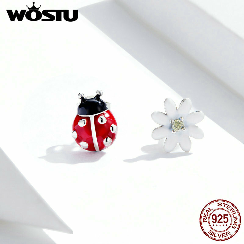 WOSTU 100% 925 Sterling Silver Ladybug and daisy Stud Earrings For Women Girl Trendy Fashion Silver Jewelry Gift FIE917