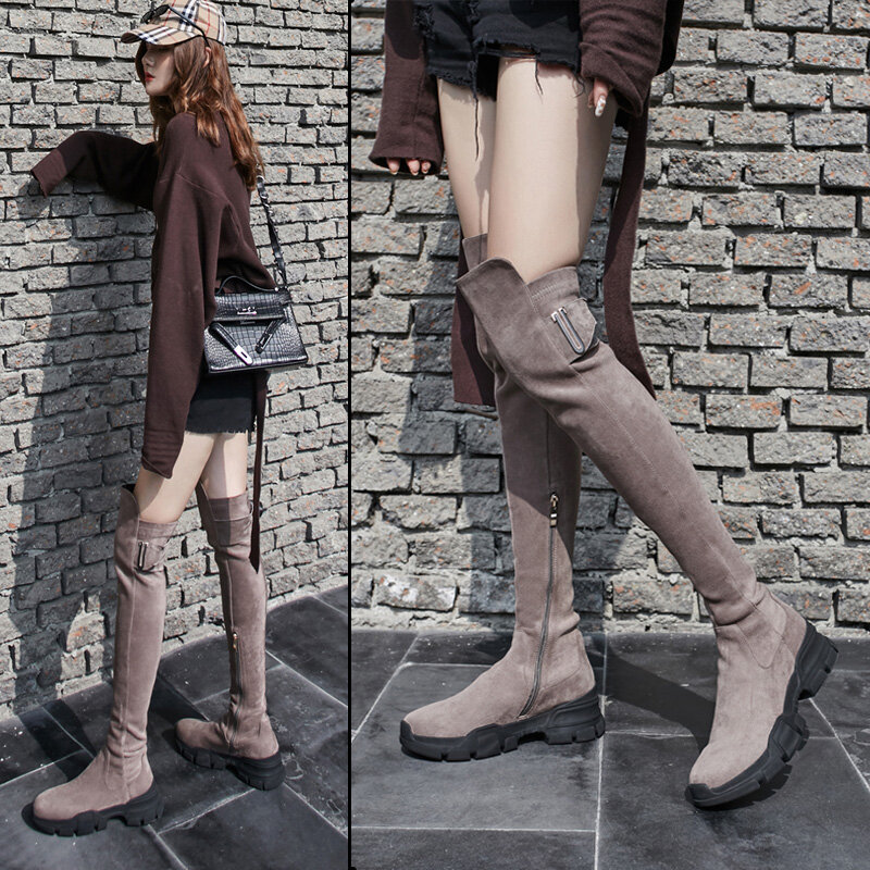 Longo luxo preto sapatos de plataforma feminina casual zíper grosso calcanhar fino sobre o joelho inverno quente botas cavaleiro feminino