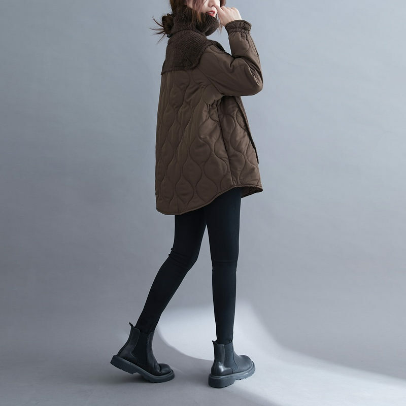 2021 gola alta algodão acolchoado topos retalhos de malha jaqueta feminina inverno retro plus size moda casual acolchoado casaco m527