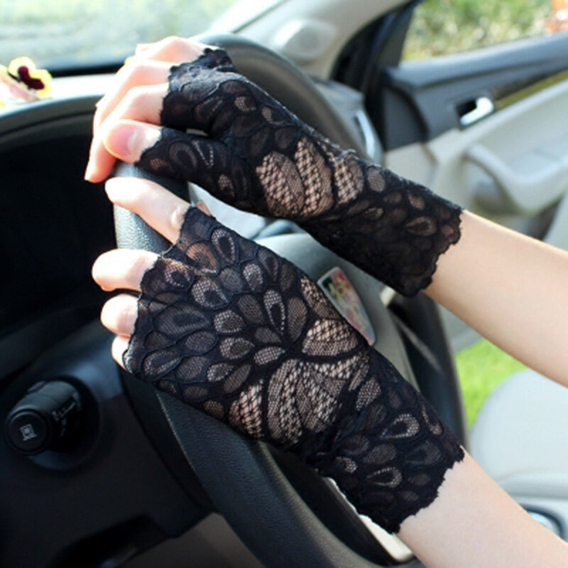 Koreańskie damskie koronkowe rękawiczki pokrywają blizny pół palca rękaw Sexy cienka siatka z dziurami na lato jazda na rowerze, jazda samochodem rękawice przeciwsłoneczne C13