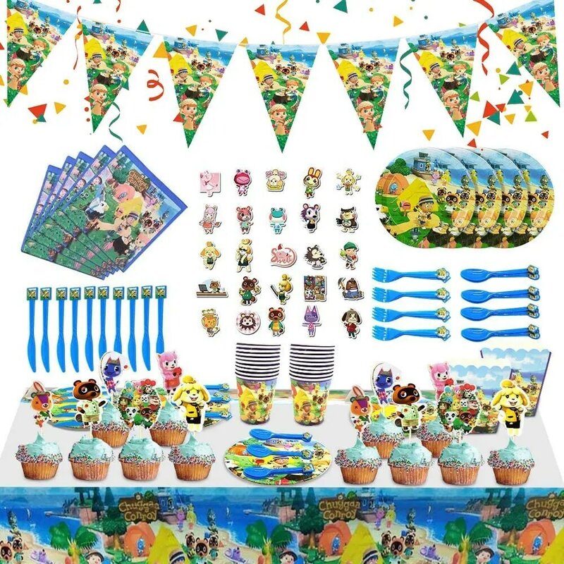 Vaisselle jetable thème Animal Crossing, assiettes et tasses, décoration de fête d'anniversaire pour enfants, fournitures de fête prénatale