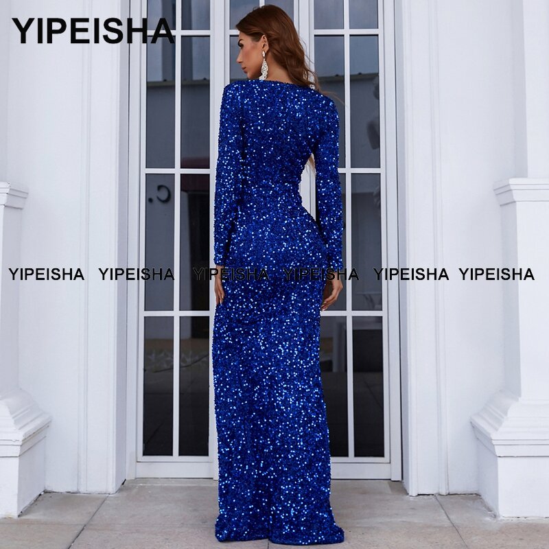 Yipeisha Royal Blue Avondjurk Mermaid Dubai Side Slit Prom Dresses Lange Mouwen Bruiloft Jurk Sequin Robe De Soiree