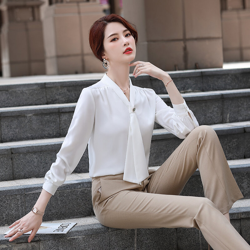 Lenshin-camisas de tela suave para mujer, Blusa con cuello en V y lazo, ropa de trabajo para oficina, Tops para mujer, estilo Suelto