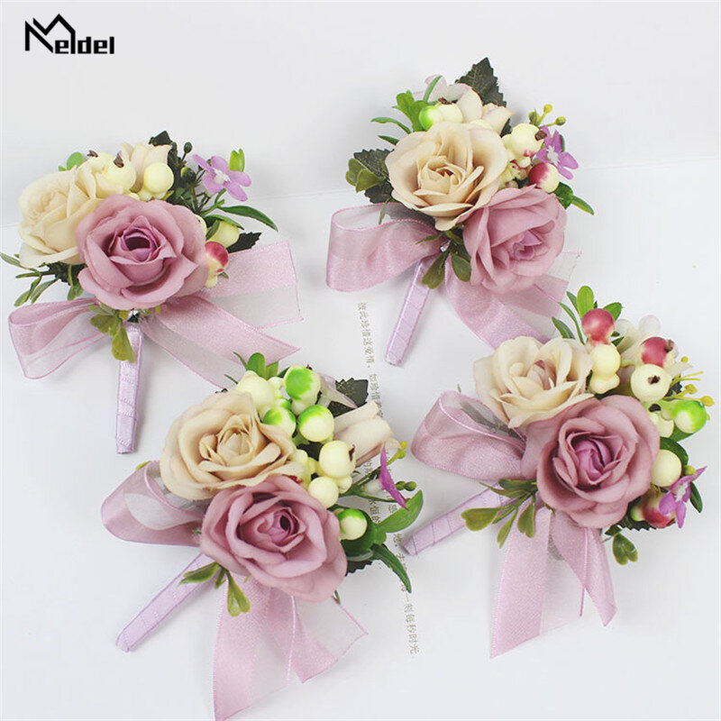 Meldel bride corsage, noivo e madrinhas, bracelete artificial de seda com rosas e flores de plástico, para meninas e homens, decoração para casamento