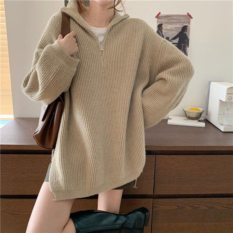 Suéter de punto con media cremallera para mujer, chaqueta holgada informal de gran tamaño, de manga larga, Harajuku, otoño e invierno, 2021