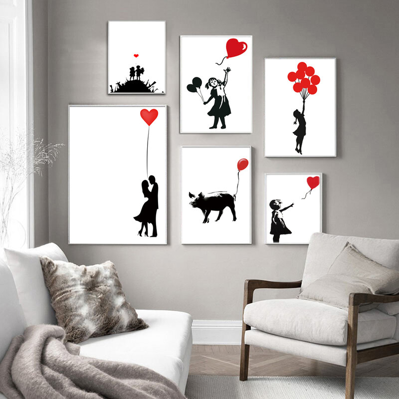 Pintura de tela de personagens nórdicos, balão vermelho e menina, mural de arte bansky, pôster de sala de estar, quarto, bar, decoração de casa