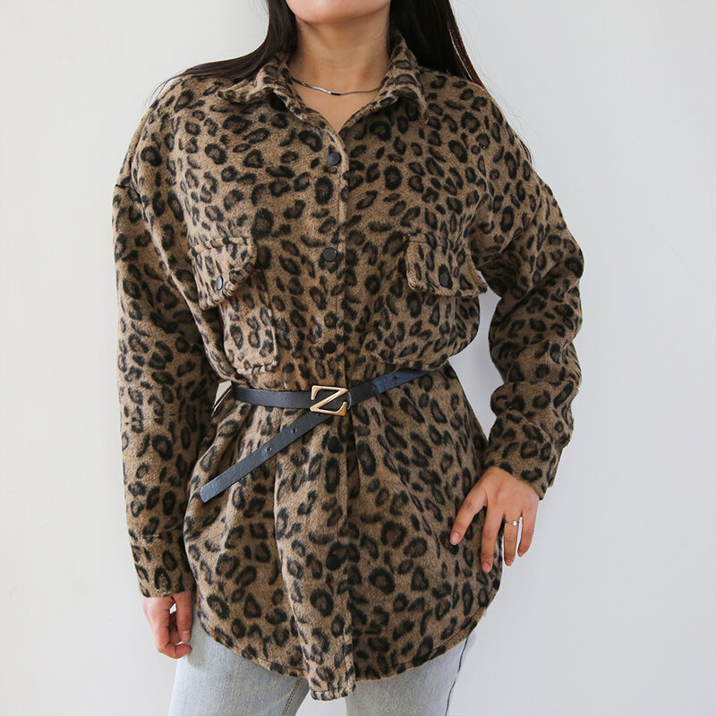Camisas de lana de leopardo para mujer, Tops de talla grande, informales, cálidos, de lana, otoño