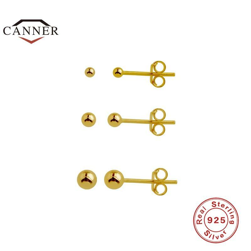 CANNER 2/3/4mm kolczyki 925 Sterling srebrny złoty galwanicznie małe kolczyk sztyft kolczyki dla kobiet moda biżuteria akcesoria prezenty