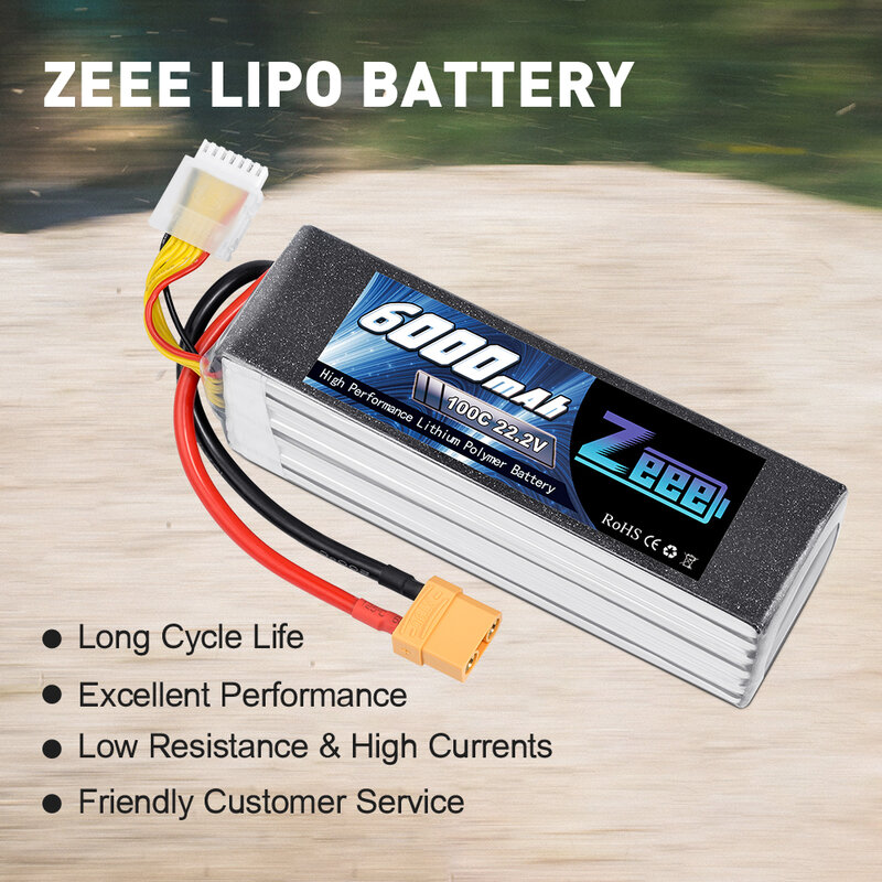 Zeee-Lipo Bateria Modelos Peças, XT90 Plug, Corrida FPV Drone, Helicóptero, Carro, Barco, Caminhão, 22,2 V, 6000mAh, 100C, 6S
