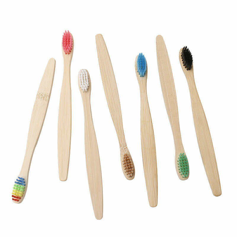Brosse à dents écologique en bambou pour enfants, poils souples, poignée en bambou de couleur arc-en-ciel pour soins buccaux