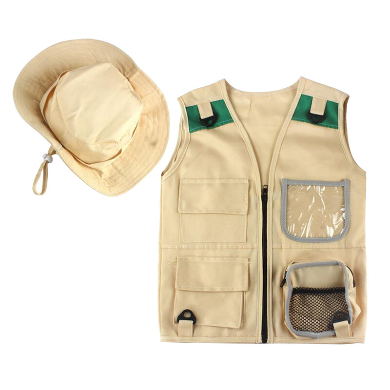 Duurzaam Jonge Jongen Cargo Vest En Hoed 4 Zakken Explorer Safari Kostuum Voor 3-7 Leeftijd Park Zoo Keeper