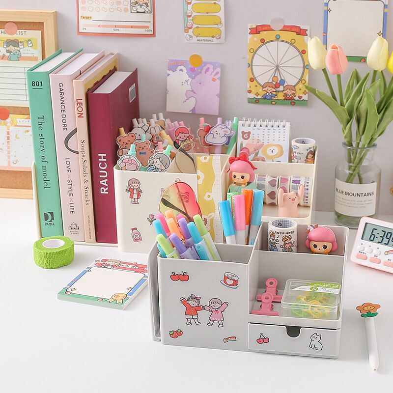 MINKYS Kawaii ABS Multifungsi Meja Organiser Tempat Pena Buku Pemegang Berdiri Bookends Desktop Kotak Penyimpanan Alat Tulis Sekolah
