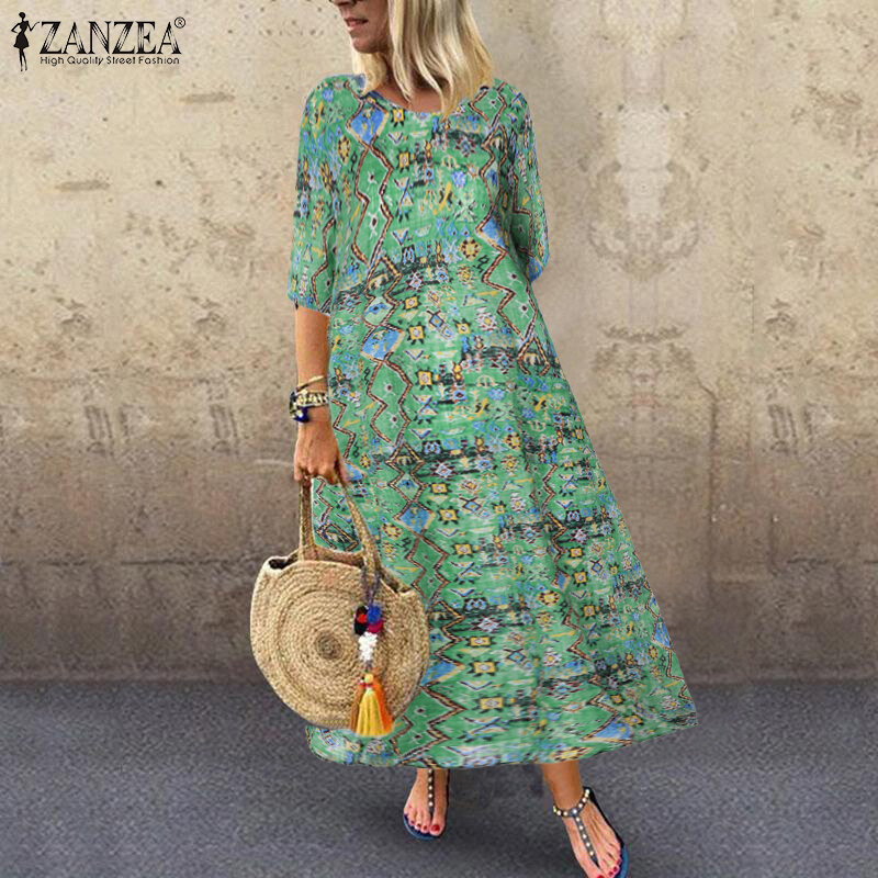 2023 Autumn Summer ZANZEA Pleated Dress Women Vintage Vestidos Robe Printed Long Maxi Dresses  Femme 3/4 Sleeve Tunic
