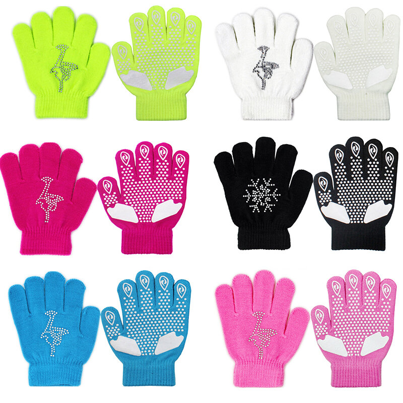 Winter Colorful Figure Skating Wrist Gloves Warm Hand Protector Thermal Safety For Kids Girls Skates Rhinestone Random Style