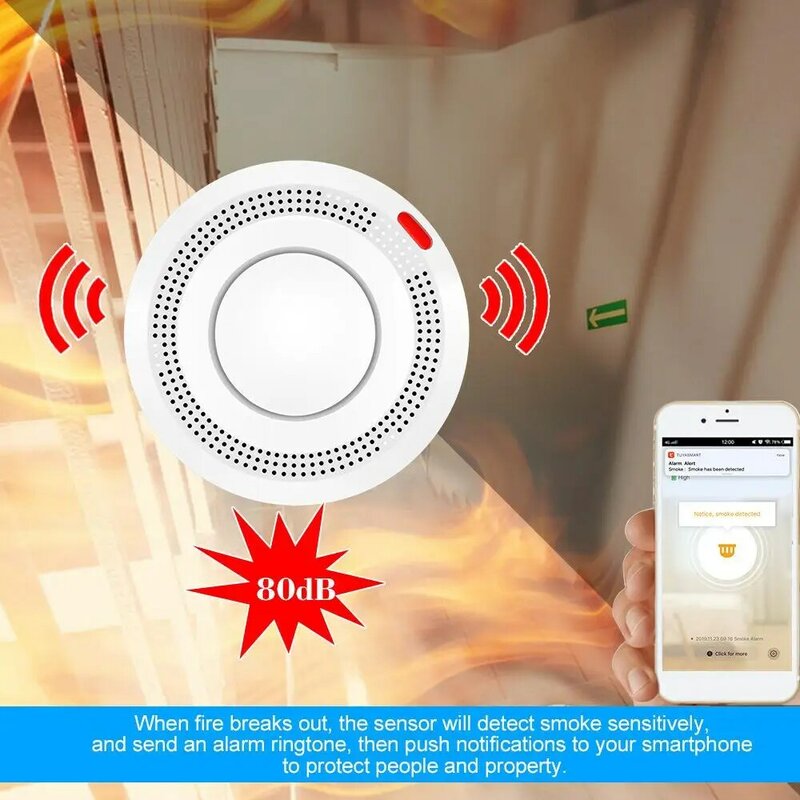 Rilevatore di fumo intelligente Tuya WiFi allarme di rilevamento del fumo ad alta sensibilità Smart Life APP Monitor remoto funziona con Alexa Google Home