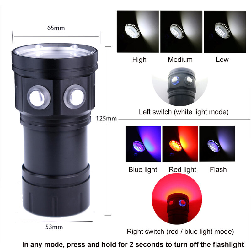 Lampe de poche de plongée super lumineuse, torche étanche sous-marine portable IPX8, lumière de remplissage DulCamera, 20000lumens