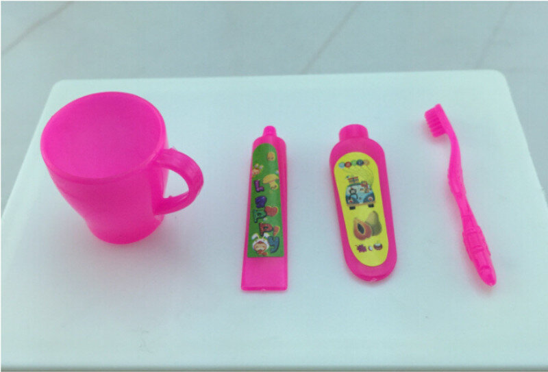 Juego de cepillos de dientes de tubo de pasta de dientes rosa, accesorios para muñecas, 4 unids/set por juego