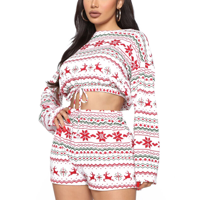 Hirigin 2020ใหม่ผู้หญิงชุดนอนคริสต์มาสชุดแขนยาวCrop Topกางเกงขาสั้น2Pcs Xmas Snowflakeพิมพ์ถักฤดูใบไม้ร่วงHomewear s-XXL