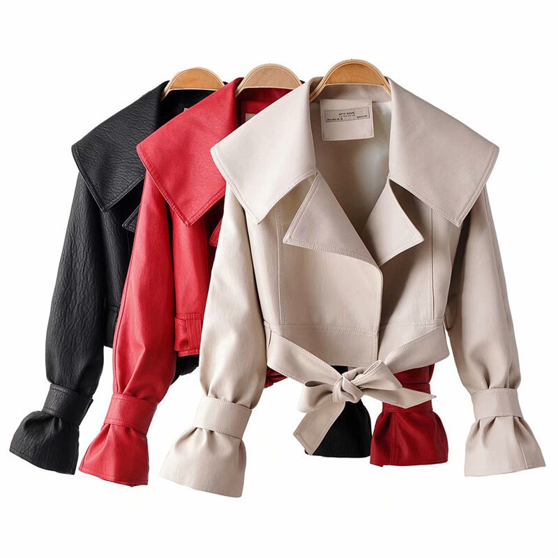 2023ผู้หญิงฤดูใบไม้ร่วงเสื้อแจ็คเก็ตหนังเทียมสั้น Coat Turndown Collar เข็มขัด Lace-Up สีดำ Punk สีแดงเสื้อคลุมหญิง Outwear