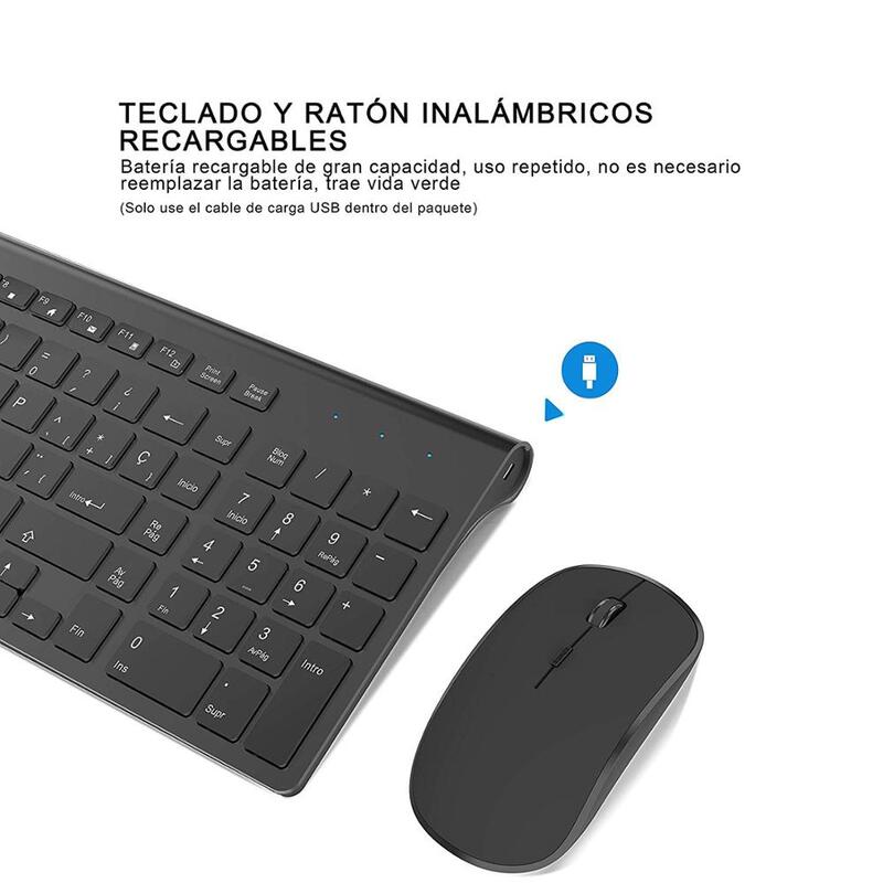 Espanhol sem fio teclado e mouse combinação, 2.4 Gigahertz conexão estável, bateria recarregável, preto mudo portátil