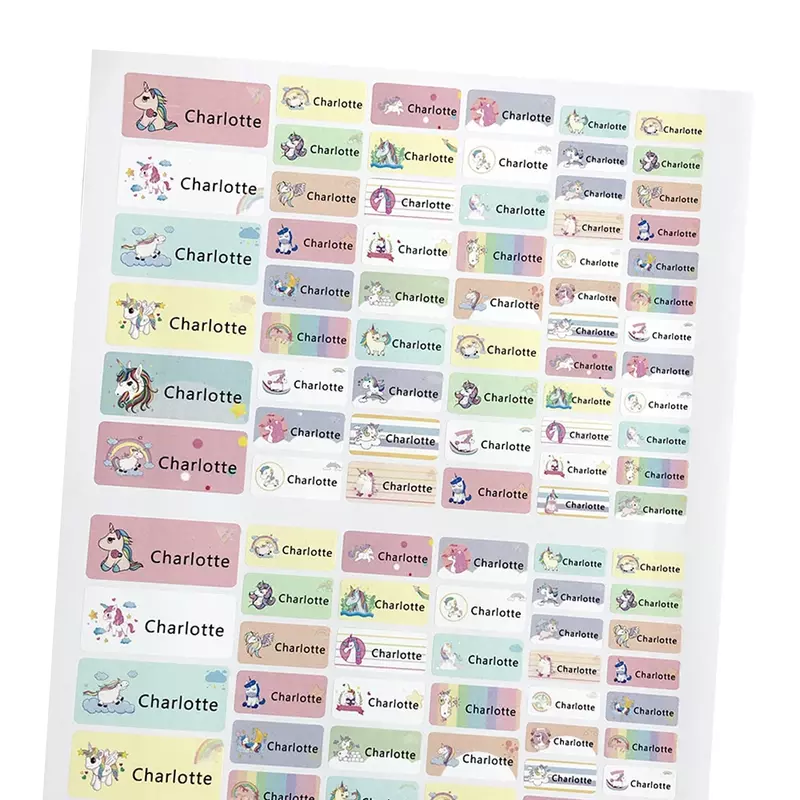 Cartoon Unicorn Name Stickers para meninas, etiquetas pessoais, impermeável, etiqueta dos desenhos animados, papelaria escolar, Scrapbooking, crianças, personalizado, 114pcs