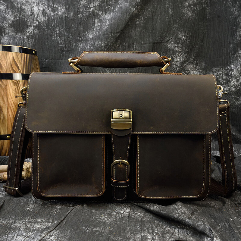 Модный вместительный кожаный мужской портфель в стиле ретро, кожаная сумка для ноутбука с верхним слоем, сумка-мессенджер из кожи crazy horse для 15-дюймового компьютера
