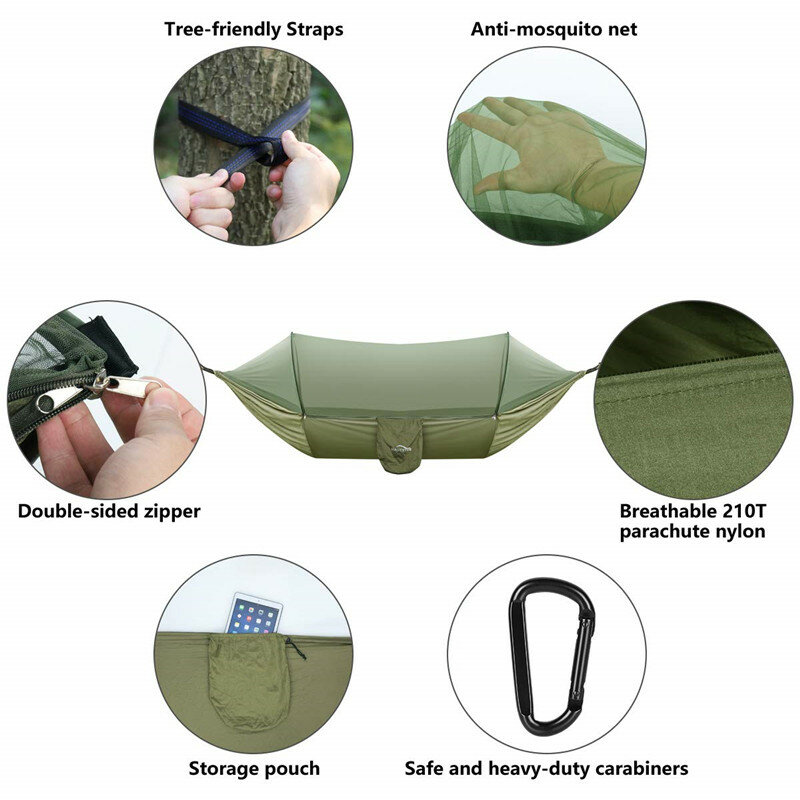 Hamac de camping avec moustiquaire, lit-balançoire d'extérieur, léger, portable, parachute, 2020