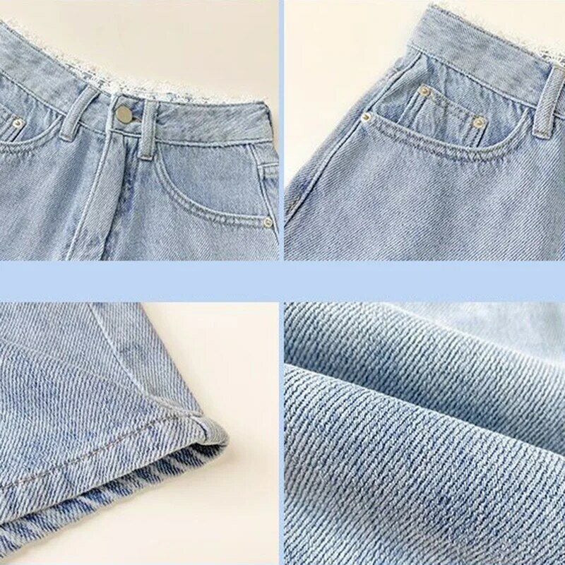 Shorts Women Denim Blue High Waist Summer Casual Bottoms Button Fly Loose Wide Leg Lace All-match Streetwear A-line Korean Chic